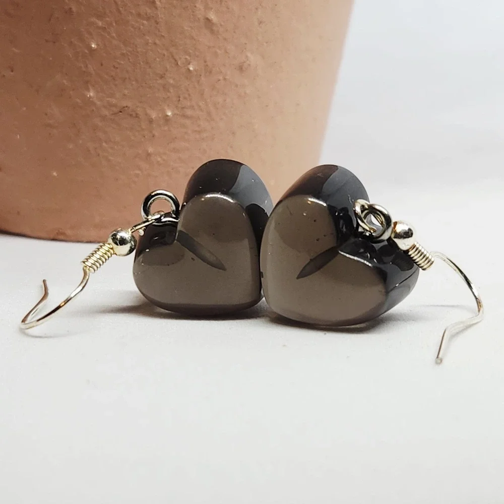 Handmade Black Jelly Translucent Heart Dangle Drop Earrings‎ 1-1/2